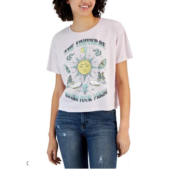 NEW Grayson Threads Celestial Magic Graphic T-Shirt Medium Pink Cropped Mushroom - Picture 1 of 9